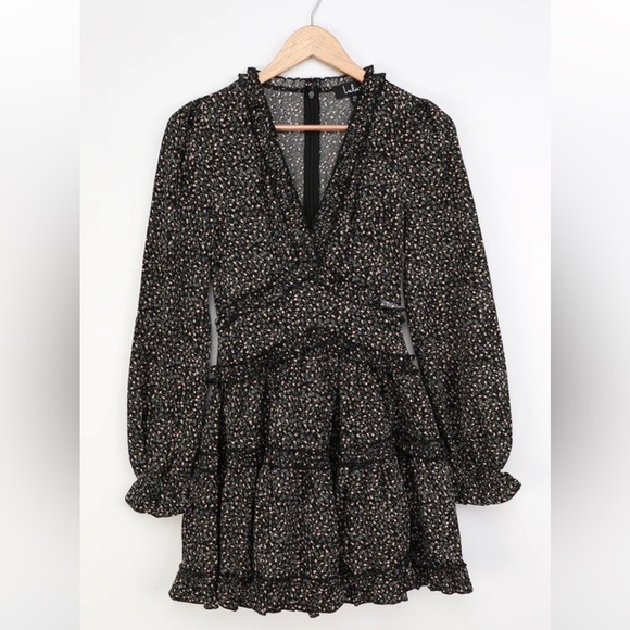 NWT Lulu’s Admire You Black Floral Print Ruffled Long Sleeve Mini Dress - Picture 7 of 9